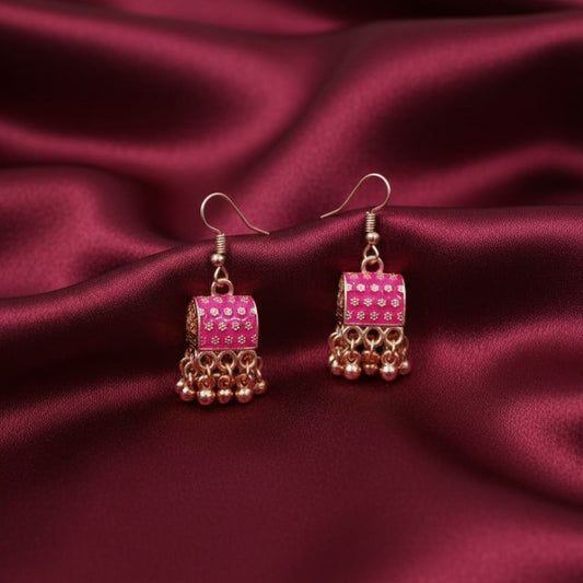 Pink Enamel Floral Dome Jhumka Earrings with Gold Accents