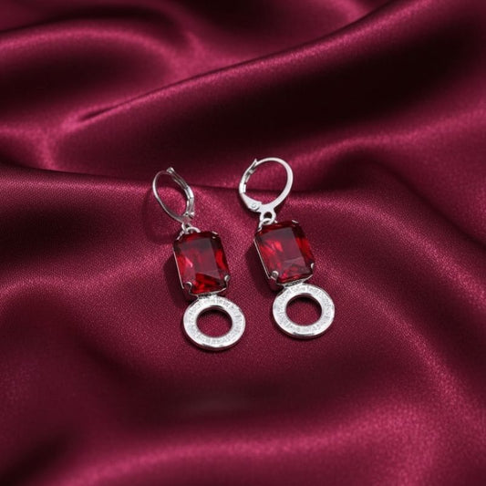 Elegant Ruby Red Emerald-Cut Crystal Drop Earrings in Silver