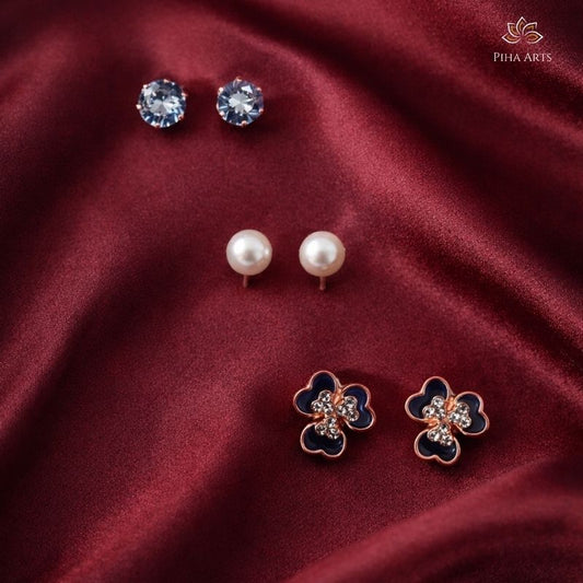 Daily Wear 3-Pair Stud Set: Pearl, Black Enamel & AD Crystal