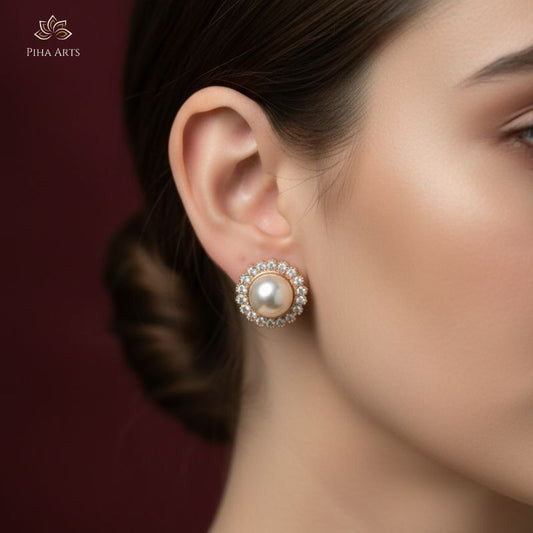 Timeless Pearl and Crystal Halo Stud Earrings - Rose Gold Toned