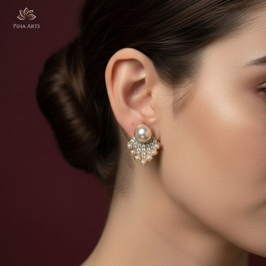 Rose Gold Pearl Stud Earrings with Sparkling Crystal Fan