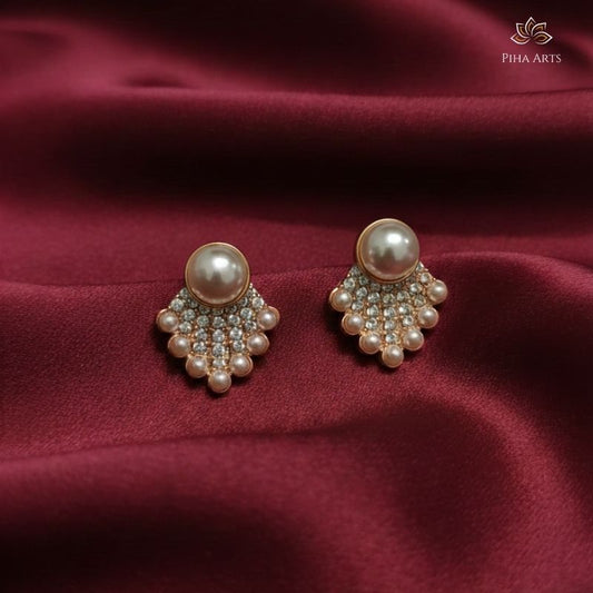 Pearl and Crystal Fan-Shaped Stud Earrings in Rose Gold