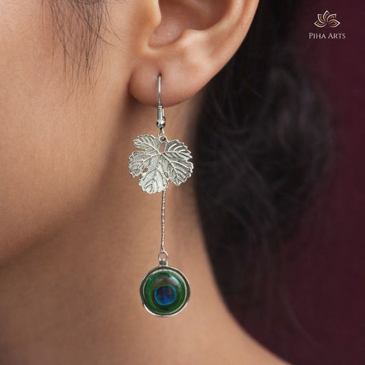 Silver Leaf Drop Earrings with Vibrant Peacock Feather Charms