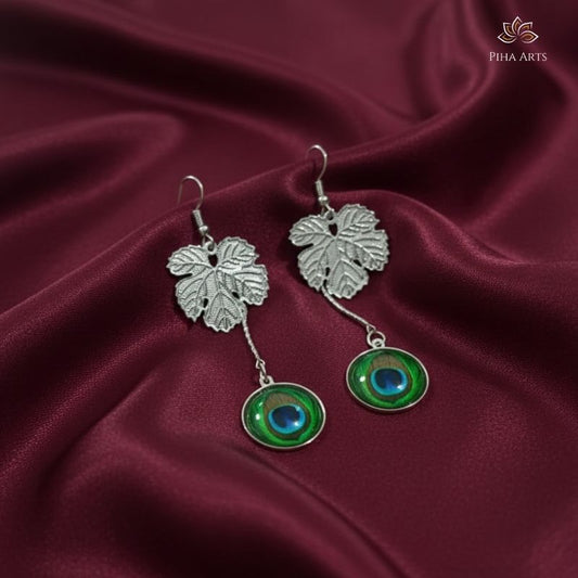 Silver Leaf Drop Earrings with Vibrant Peacock Feather Charms