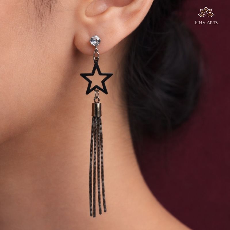Silver Diamond Crystal and Black Star Drop Earrings