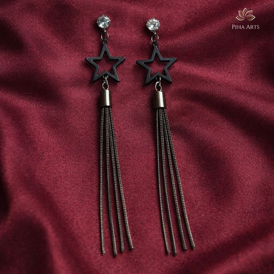 Silver Diamond Crystal and Black Star Drop Earrings
