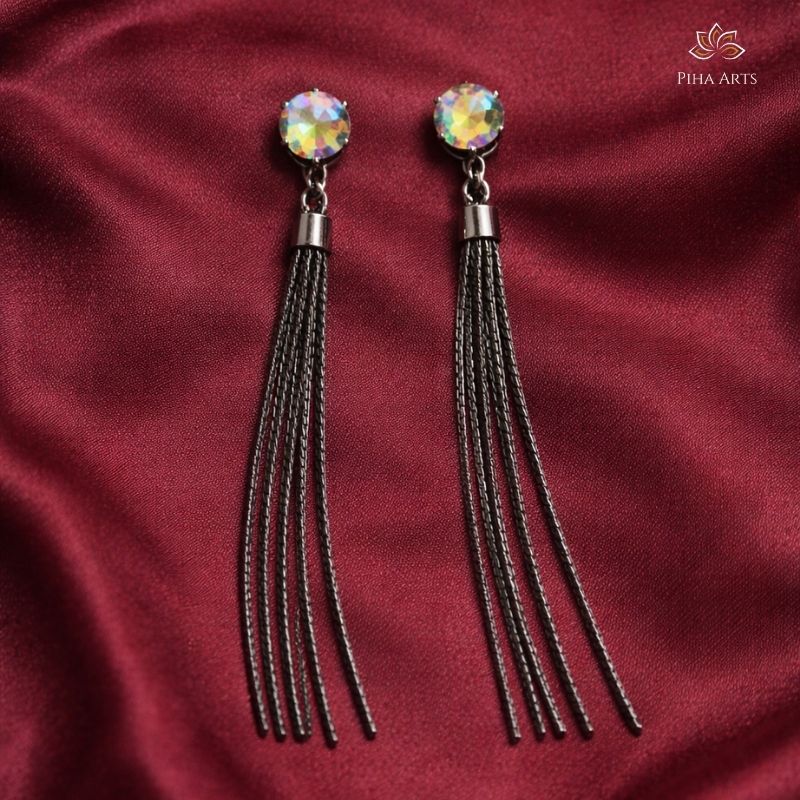 Long Gunmetal Tassel Earrings with Iridescent AB Crystal Studs