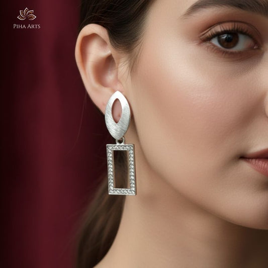 Oxidized Silver Leaf Stud and Rectangular Crystal Drop Earrings