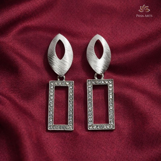 Oxidized Silver Leaf Stud and Rectangular Crystal Drop Earrings