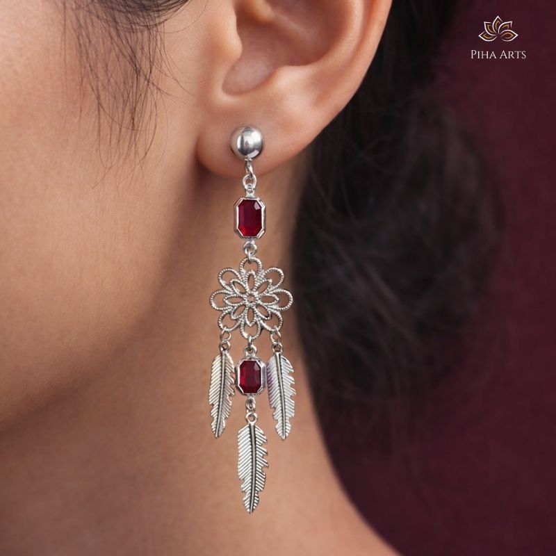 Silver Dreamcatcher Style Drop Earrings with Ruby Red Stones