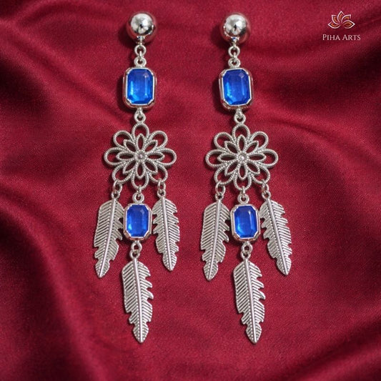 Silver Dreamcatcher Style Drop Earrings with Blue Stones