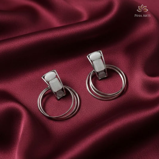 Geometric Circular Drop Earrings with White Stones