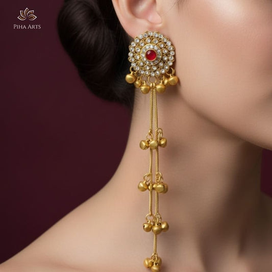 Antique Gold Kashmiri Jhumka Earrings with Red AD Stone