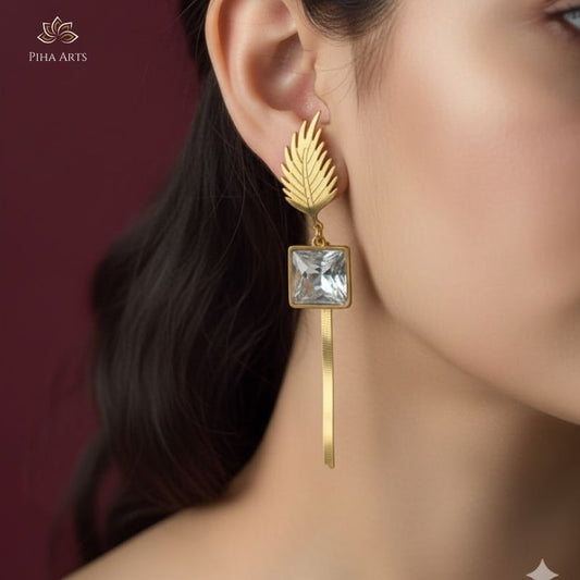 Luxe Gold Leaf & Square Crystal Drop Earrings