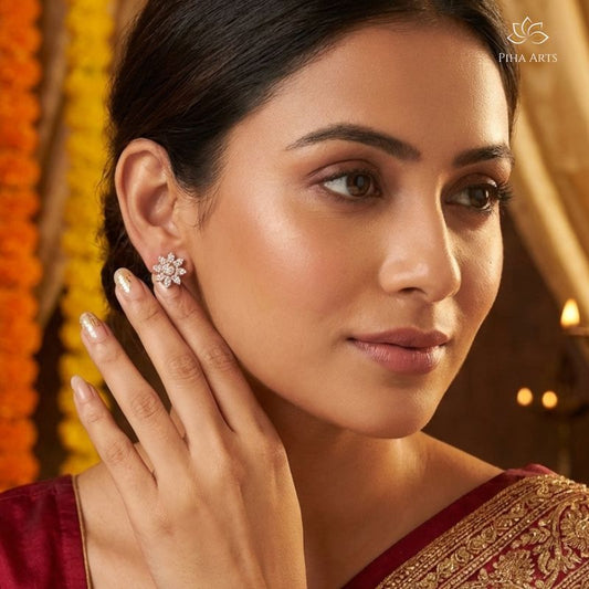 AD Diamond Floral Stud Earrings in Rose Gold Finish for Women