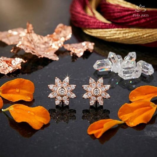 AD Diamond Floral Stud Earrings in Rose Gold Finish for Women