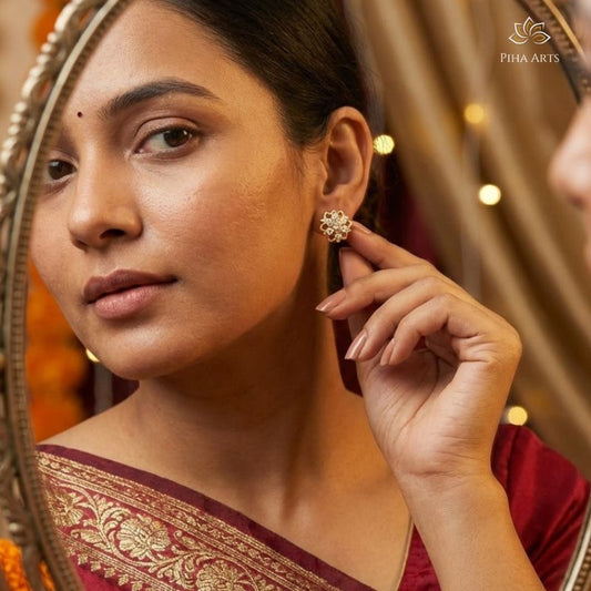 AD Diamond Floral Stud Earrings in Gold Finish for Women