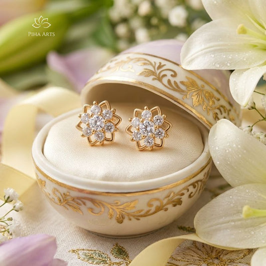 AD Diamond Floral Stud Earrings in Gold Finish for Women