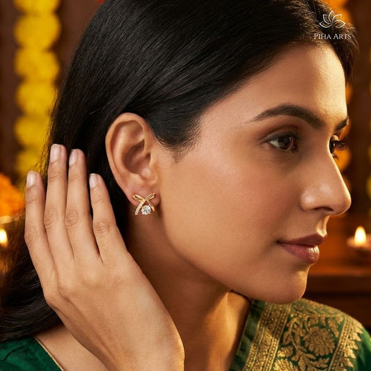 AD Diamond Cross Design Stud Earrings in Gold Finish for Women
