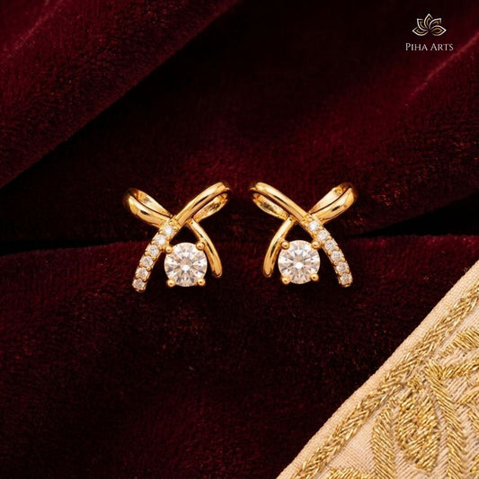 AD Diamond Cross Design Stud Earrings in Gold Finish for Women