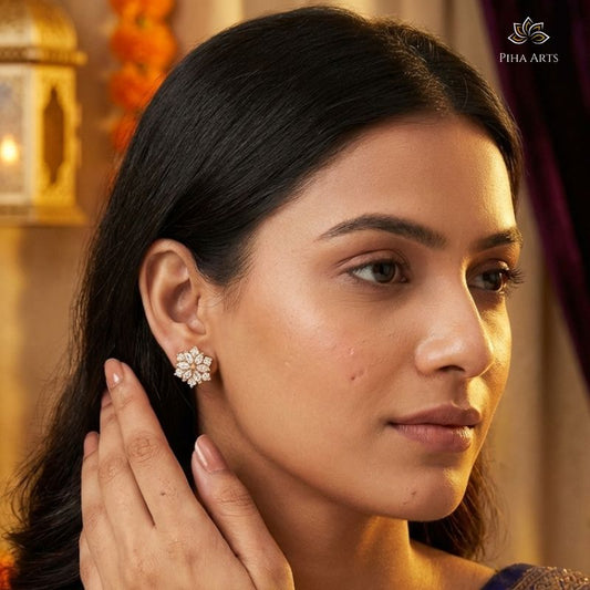 AD Diamond Floral Star Stud Earrings in Gold Finish for Women