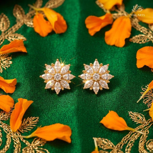 AD Diamond Floral Star Stud Earrings in Gold Finish for Women