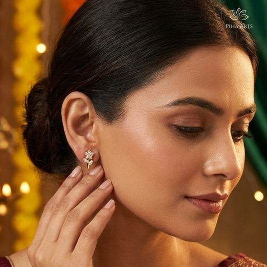 AD Diamond Floral Small Stud Earrings in Gold Finish for Women