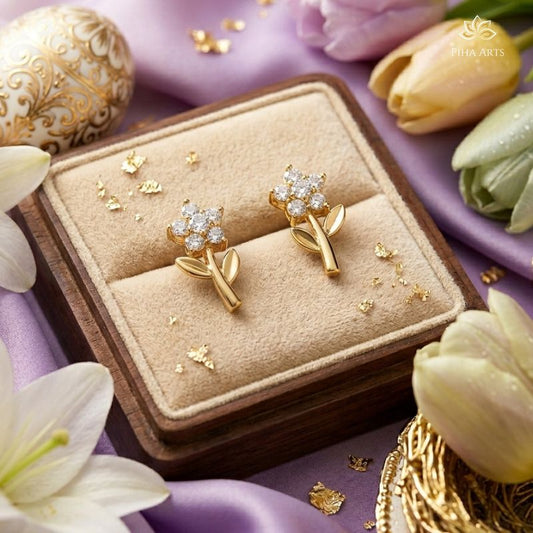 AD Diamond Floral Small Stud Earrings in Gold Finish for Women