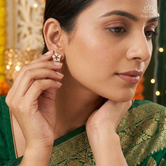 5 AD Stone Flower Stud Earrings in Gold Finish for Women