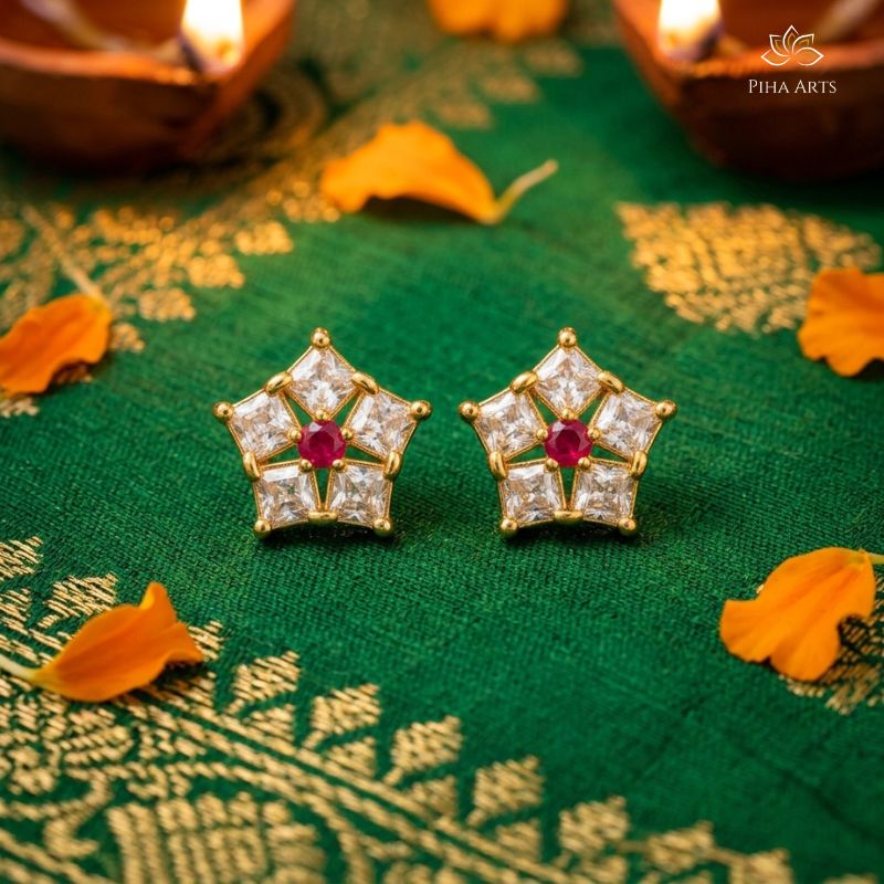 5 AD Stone Flower Stud Earrings in Gold Finish for Women