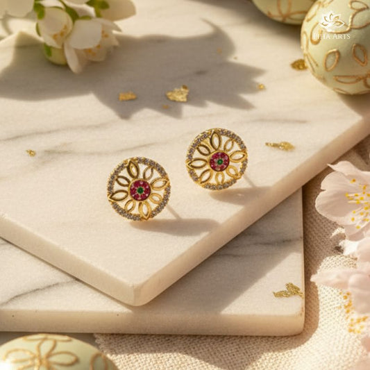 Round Shape AD Diamond Stud Earrings for Women in Gold Finish