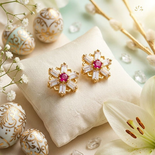 Flower AD Diamond Stud Earrings in Gold Finish for Women