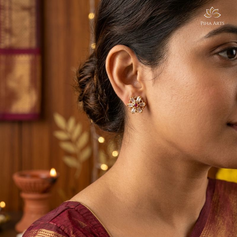 Flower AD Diamond Stud Earrings in Gold Finish for Women