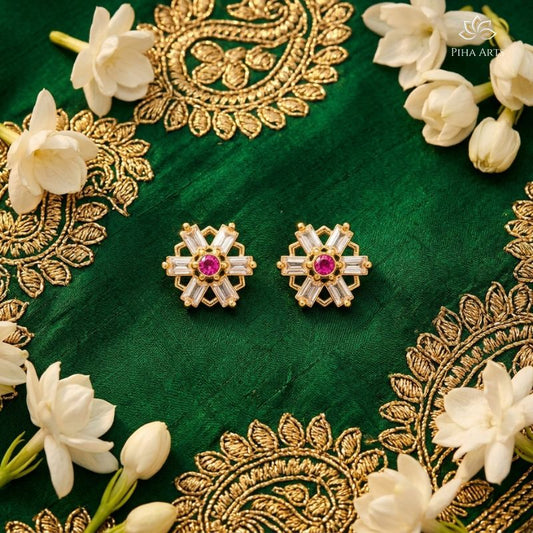 Flower AD Diamond Stud Earrings in Gold Finish for Women