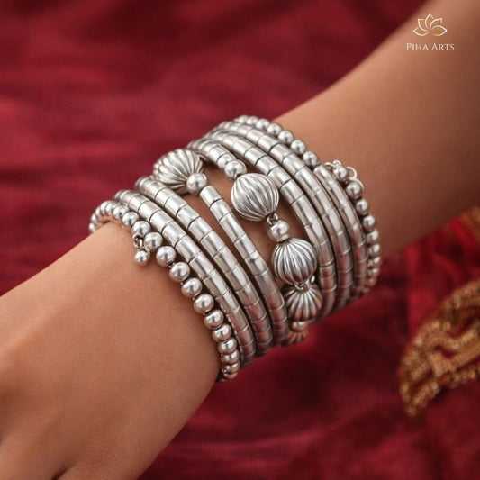 Oxidised Silver Bangle with Big Round Center Beads