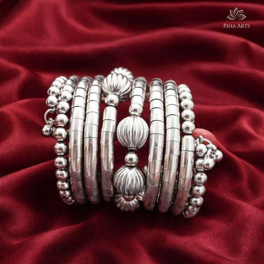 Oxidised Silver Bangle with Big Round Center Beads