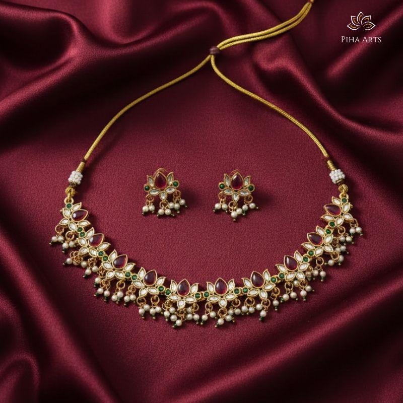Gold Finish Kundan Necklace Set with Red & Green Stones and Pearl Earrings