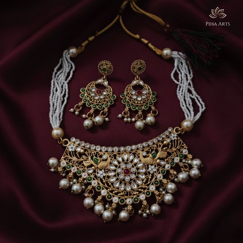 Jodhpuri Haar Kundan Pearl Necklace Set with Earrings