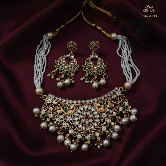Jodhpuri Haar Kundan Pearl Necklace Set with Earrings