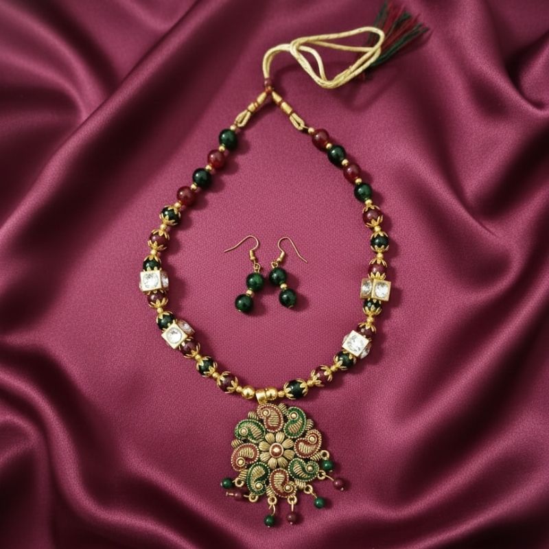 Beaded Pendant Necklace Set with Matching Earrings