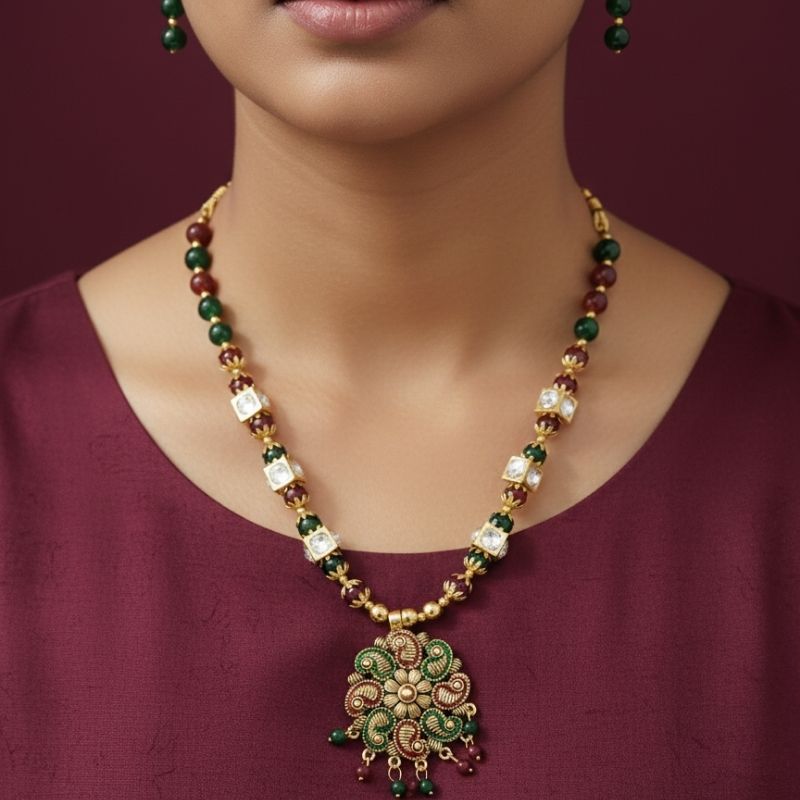 Beaded Pendant Necklace Set with Matching Earrings