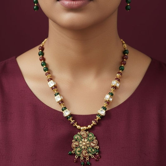 Beaded Pendant Necklace Set with Matching Earrings