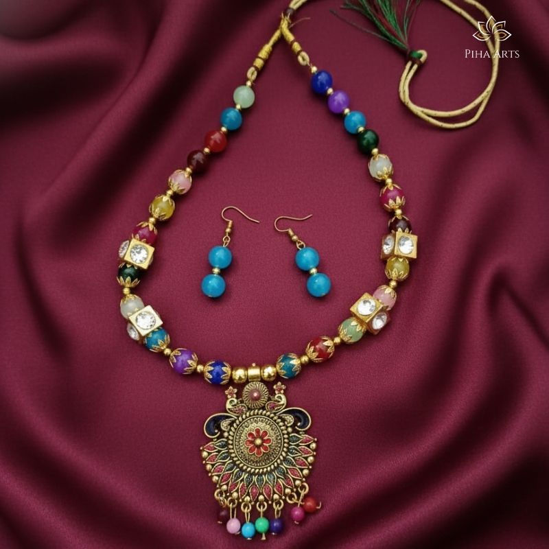 Multicolor Beaded Necklace Set with Antique Gold Pendant & Earrings