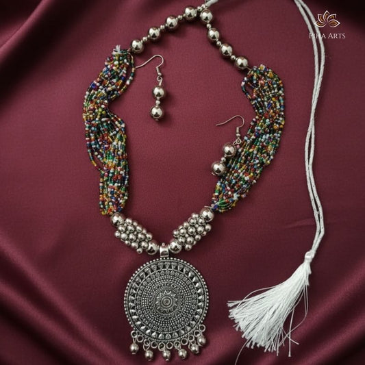 Oxidised Silver Multicolor Beaded Necklace Set with Tribal Pendant
