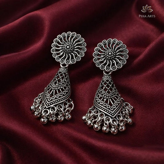 Oxidised Silver Floral Jhumka Earrings with Ghungroo