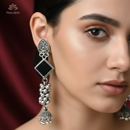 Oxidised Silver Black Stone Dangler Earrings with Ghungroo