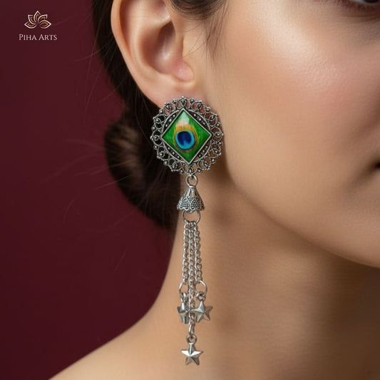 Oxidised Silver Peacock Feather Dangler Earrings