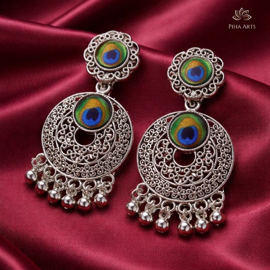 Oxidised Silver Peacock Feather Circular Dangler Earrings