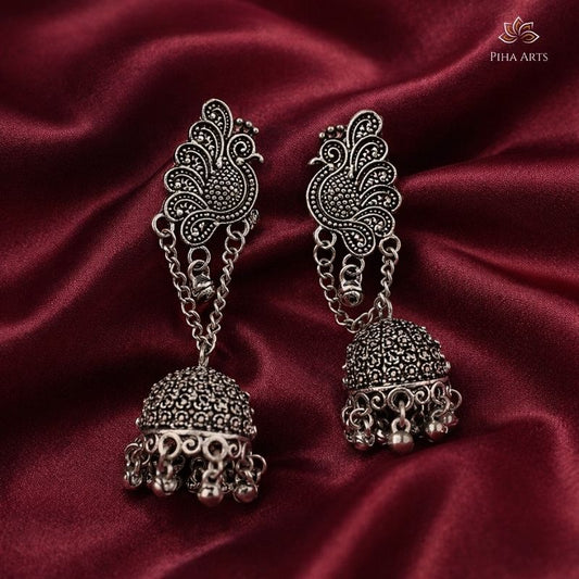 Oxidised Silver Peacock Chain Jhumka Earrings