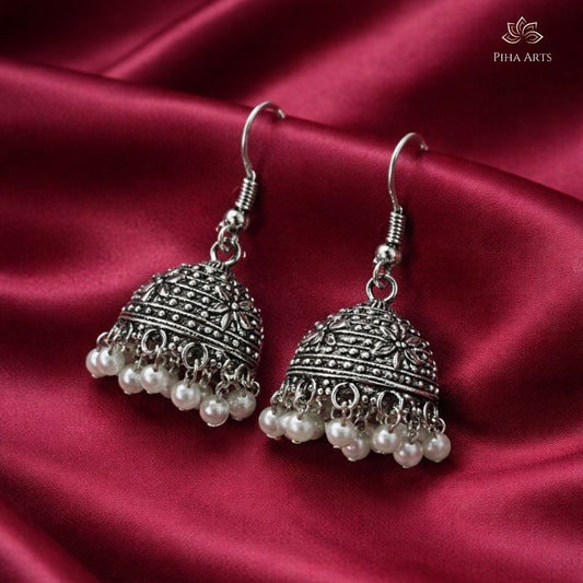 Oxidised Silver Pearl Jhumka Earrings with Hook
